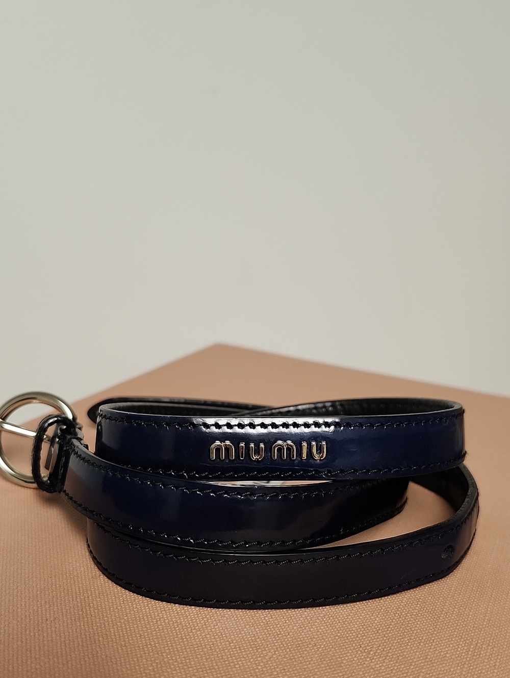 Miu Miu Navy Patent Leather Belt Strap with Metal Logo 75cm